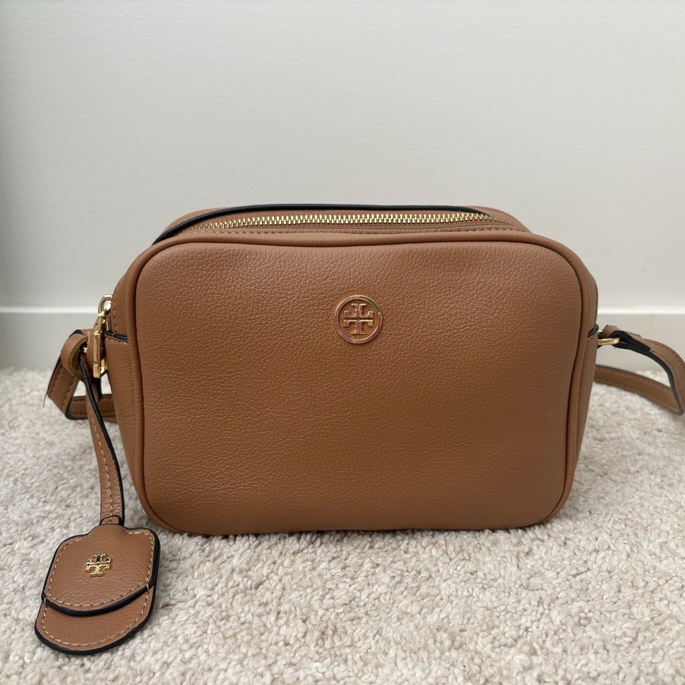 Tory Burch Tan Pebbled Leather Crossbody with Gold Logo
